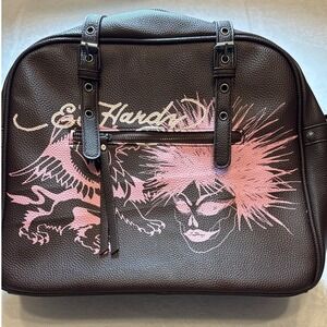 Ed Hardy Brown Pebbled Faux Leather Messenger Bag Pink Dragon Skull Y2K
